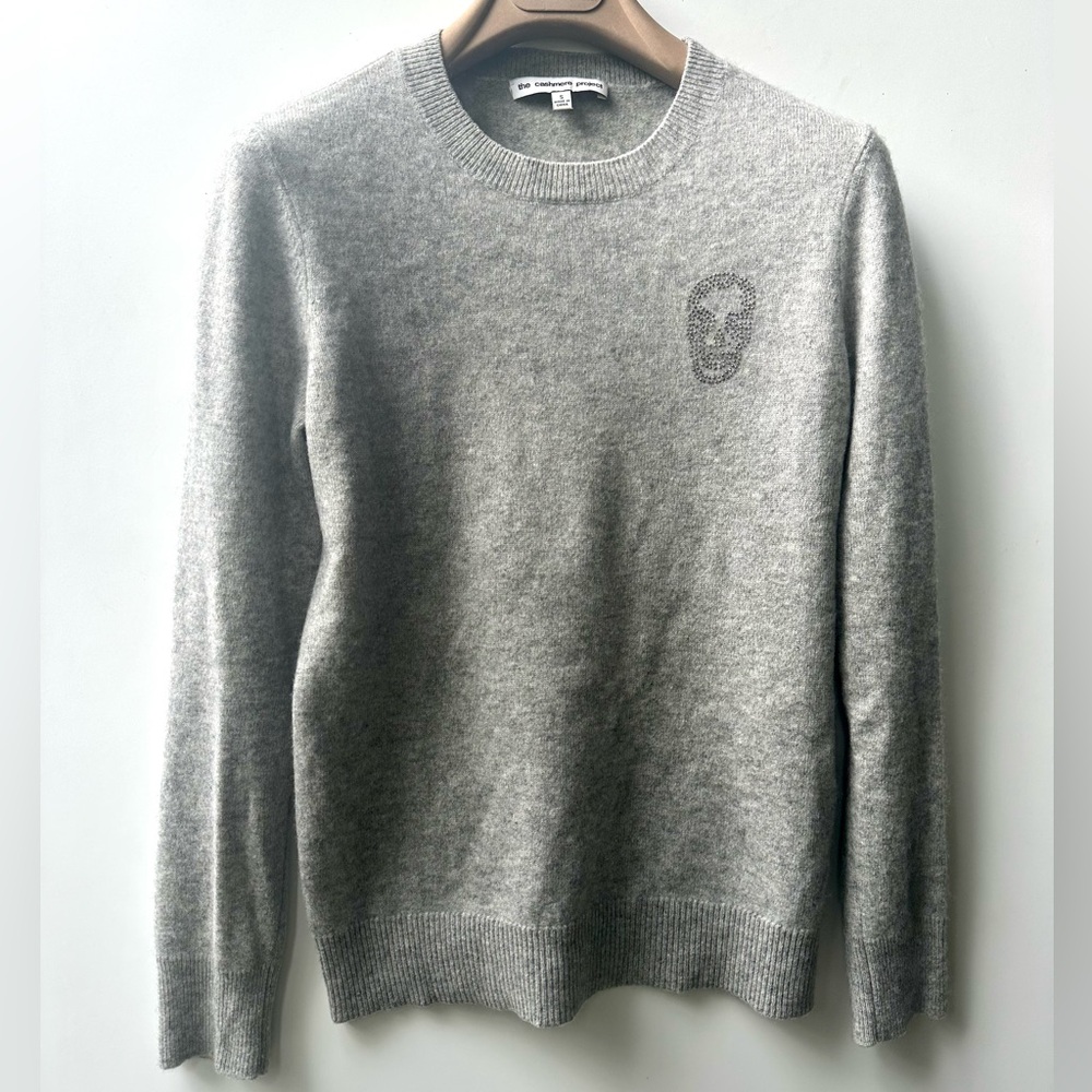 The Cashmere Project Scull Studded 100% Cashmere Gray Crew Neck Sweater, S